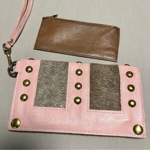 Maya Moon Handmade Recycled Leather Pink Studded Clutch Wristlet + Wallet Set